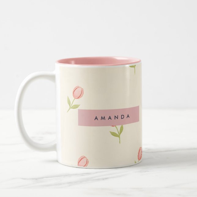 Caneca De Café Em Dois Tons Tulipa Rosa Pastel Macia Personalizada (Esquerda)