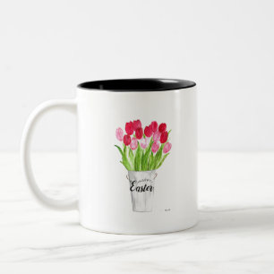 Caneca De Café Em Dois Tons Tulipas Aquarela Felz pascoa Floral Rosa-Rosa