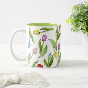 Caneca De Café Em Dois Tons Tulipas Coloridas do Padrão Floral Moderno Elegan