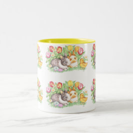 Caneca De Café Em Dois Tons Tulipas de primavera, Bunnies, e Pintinho, Páscoa