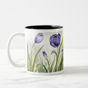 Caneca De Café Em Dois Tons Tulipas de Primavera púrpura