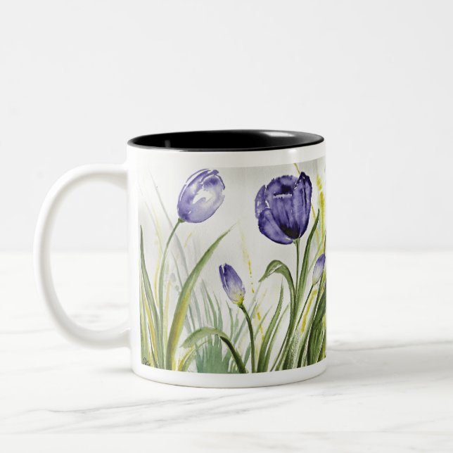 Caneca De Café Em Dois Tons Tulipas de Primavera púrpura (Esquerda)