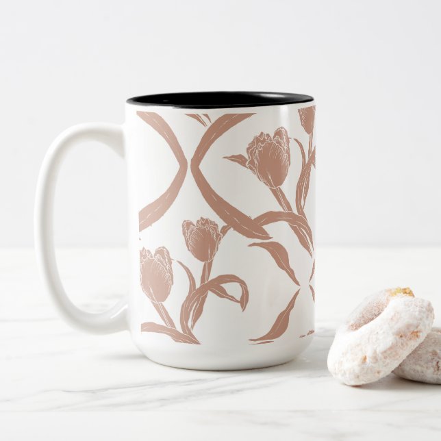 Caneca De Café Em Dois Tons Tulipas impressas em bloco bege, trigo dourado (Com Donut)