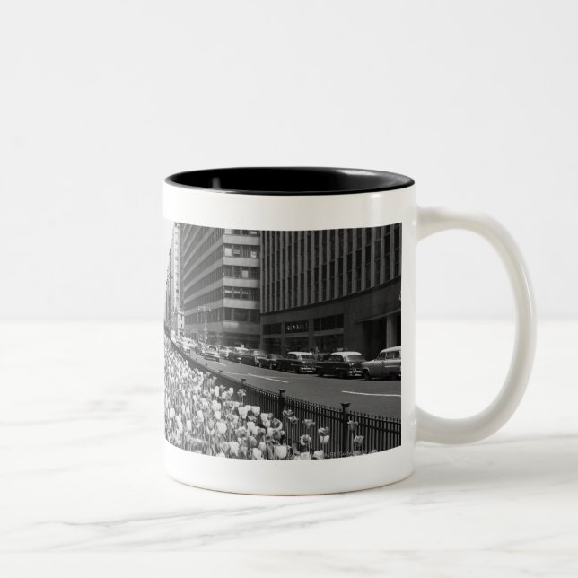 Caneca De Café Em Dois Tons Tulipas no meio da rua da cidade (Direita)