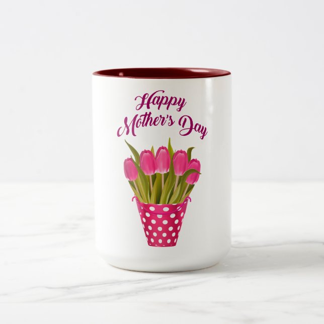 Caneca De Café Em Dois Tons Tulipas Rosa-Dia de as mães Feliz (Centro)