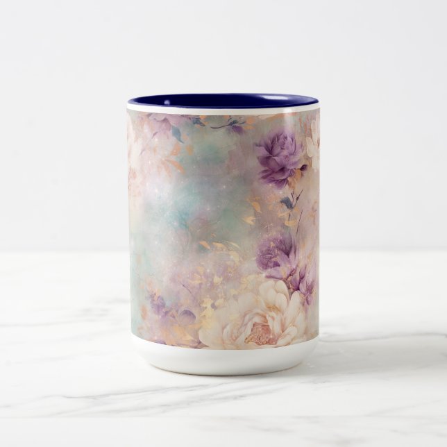 Caneca De Café Em Dois Tons Turquesa Roxa Floral (Centro)