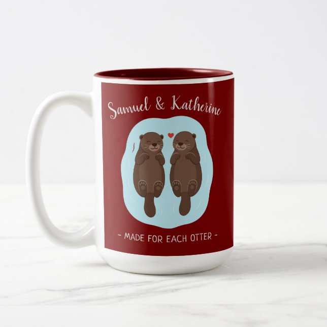Caneca De Café Em Dois Tons Two Lovely Cute Otters Custom Name Valentine's Day (Esquerda)