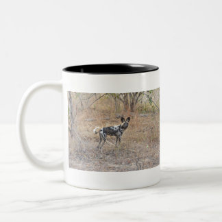 Caneca De Café Em Dois Tons Um Cão Selvagem (Pintado) Fica No Bush, Zâmbia.
