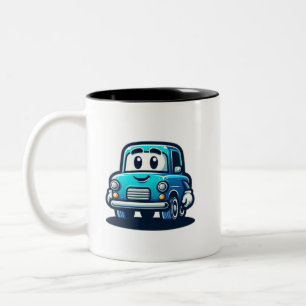 Caneca De Café Em Dois Tons um desenho de um velho carro azul sorridente