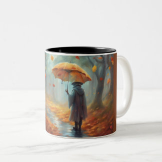 Caneca De Café Em Dois Tons Um dia chuvoso de outono caminhando nos bosques