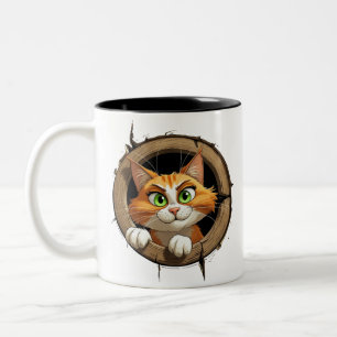 Caneca De Café Em Dois Tons Um Gato de Cartoon com Olhos Verdes Brilhantes