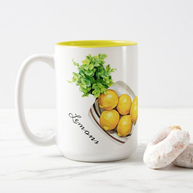 Caneca De Café Em Dois Tons Uma Tigela De Limões (Com Donut)