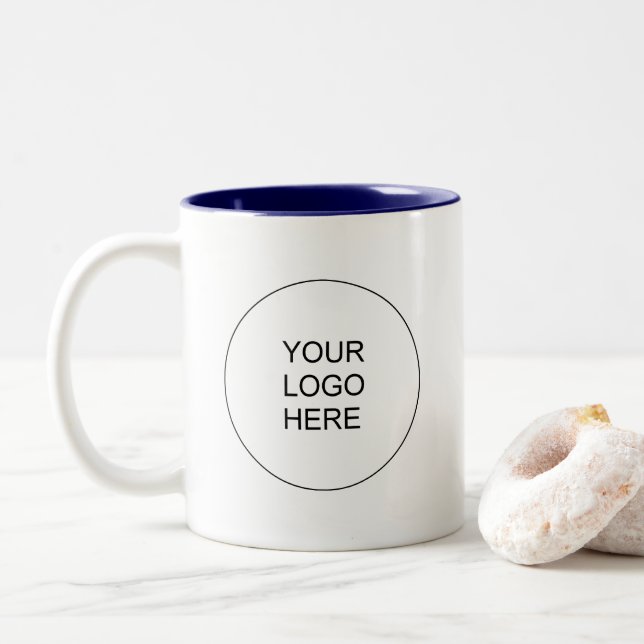 Caneca De Café Em Dois Tons Upload Business Logo Navy Blue White Template (Com Donut)