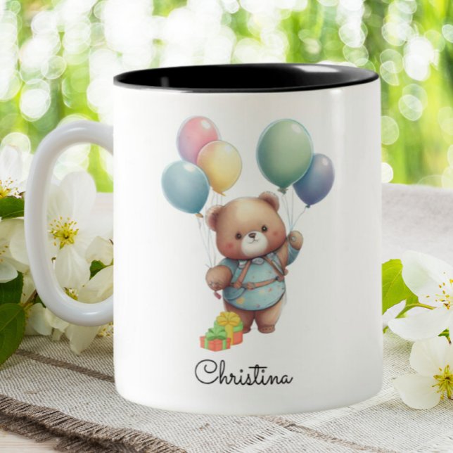 Caneca De Café Em Dois Tons Urso de Teddy Bonito com Balões Personalizados (Criador carregado)