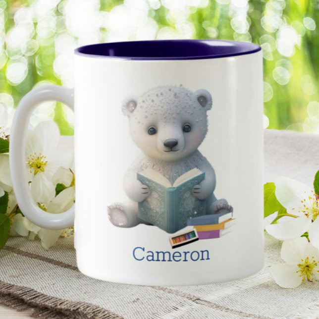 Caneca De Café Em Dois Tons Urso Polar Cinto Lendo Livro Personalizado (Criador carregado)