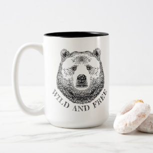 Caneca De Café Em Dois Tons Urso, Selvagem E Gratuita, Ilustração Desenhada À
