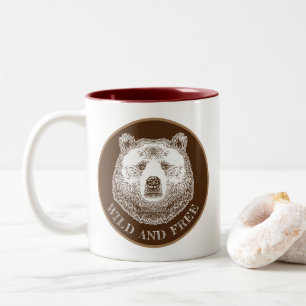 Caneca De Café Em Dois Tons Urso, Selvagem E Gratuita, Ilustração Desenhada À
