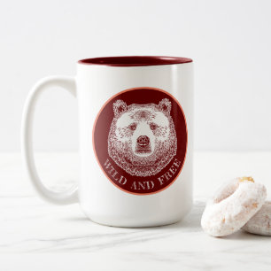 Caneca De Café Em Dois Tons Urso, Selvagem E Gratuita, Ilustração Desenhada À