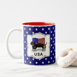 Caneca De Café Em Dois Tons USA American Flag Dachshund Dachsie (preto & tan)