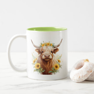Caneca De Café Em Dois Tons Vaca Highland com Flor Amarelo de Girassol