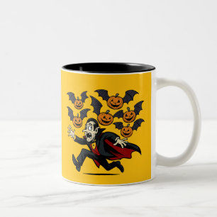 Caneca De Café Em Dois Tons Vampiro Vintage de Halloween e Morcegos de Abóbora