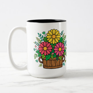 Caneca De Café Em Dois Tons Vaso de Madeira Floral Retro Alegre