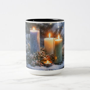 Caneca De Café Em Dois Tons Velas na neve café místico bonito
