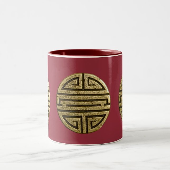 Caneca De Café Em Dois Tons Vermelho de bronze chinês da felicidade dobro (Centro)