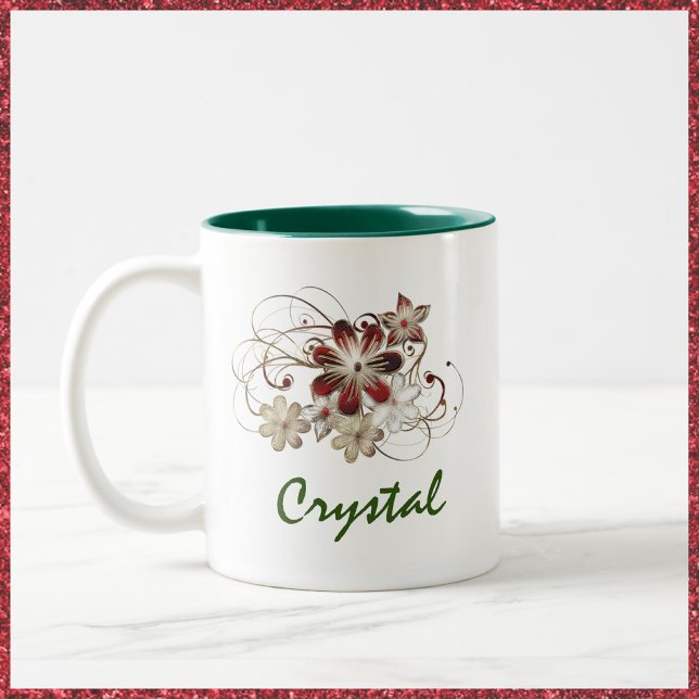 Caneca De Café Em Dois Tons Vermelho Elegante e Floral Verde (Criador carregado)