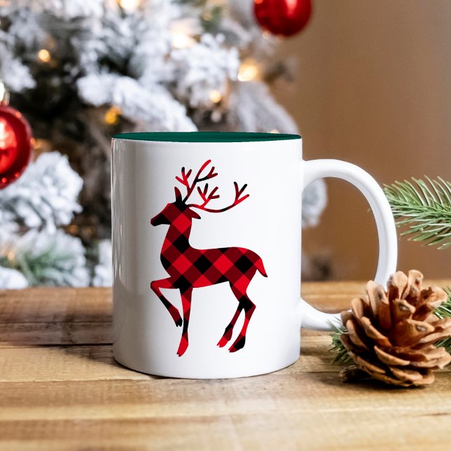 Caneca De Café Em Dois Tons Vermelho Rústico Búfalo Xadrez Rena Natal (Criador carregado)