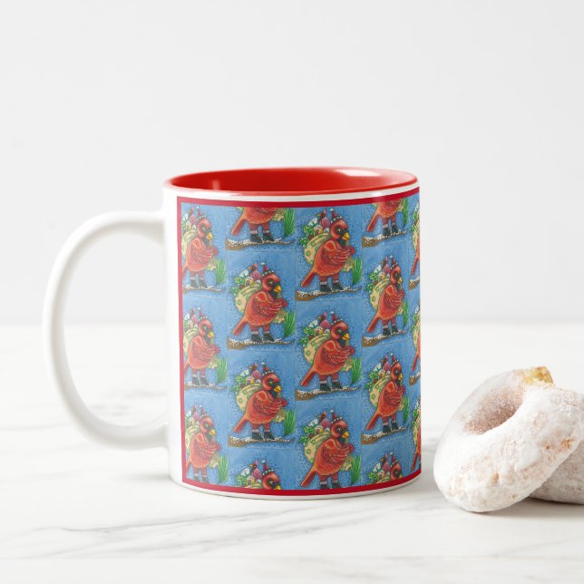 CANECA DE CAFÉ EM DOIS TONS VESTIDO EM PAPAIS NOEIS VERMELHOS, NATAL DE MADEIR (Com Donut)