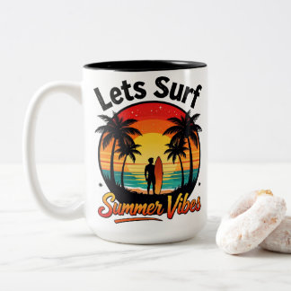 Caneca De Café Em Dois Tons Vibrações de Verão Pôr do Sol Surf Praia Tropical