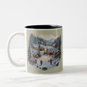 Caneca De Café Em Dois Tons Vila de Inverno do Natal Retro dos Anos 90 Montanh