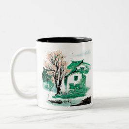 Caneca De Café Em Dois Tons Vila de Pintura da Natureza