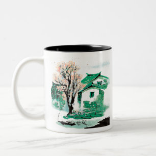 Caneca De Café Em Dois Tons Vila de Pintura da Natureza