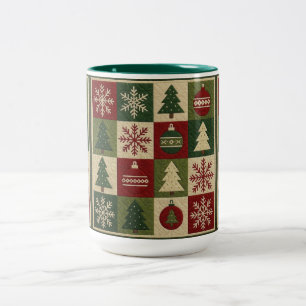 Caneca De Café Em Dois Tons Vintage, aspecto de colcha patchwork rústico Natal