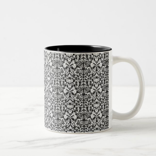 Caneca De Café Em Dois Tons Vintage Brocado de Renda de Damasco Preto e Branco (Direita)