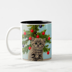 Caneca De Café Em Dois Tons Vintage Cat e Árvore de Natal