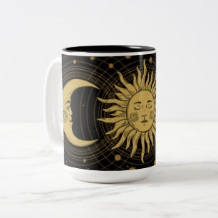 Caneca De Café Em Dois Tons Vintage Celestial Ouro Sun e Lua a preto