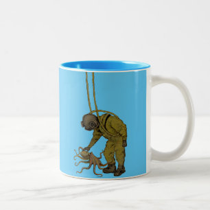 Caneca De Café Em Dois Tons Vintage Diver com Capacete de Mergulho e Polvo