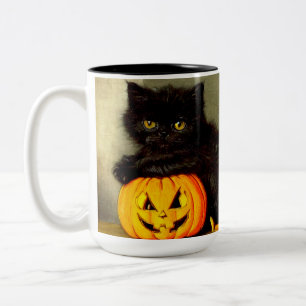 Caneca De Café Em Dois Tons Vintage Halloween Cat e Jack-o'-lantern