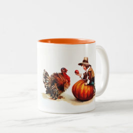 Caneca De Café Em Dois Tons Vintage Pilgrim e Turquia - Ação de Graças