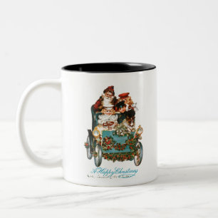 Caneca De Café Em Dois Tons Vintage Santa Claus com um carro azul de luxo