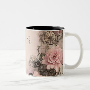 Caneca De Café Em Dois Tons Vintage Steampunk Boho Pink & Black Floral