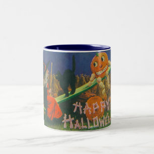 Caneca De Café Em Dois Tons Vintage Witch e Jack o'Lanterns Tocam