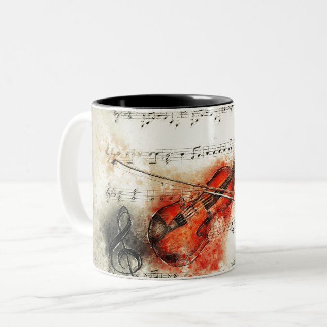Caneca De Café Em Dois Tons Violino de Aquarela (Frente Esquerda)