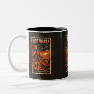 Caneca De Café Em Dois Tons Visite Vulcano - Cartaz de Viagem Galáctica Retro