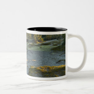 Caneca De Café Em Dois Tons Vista de um lago e das colinas de areia circundant