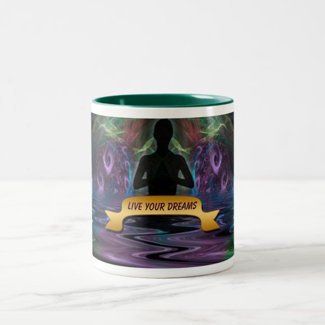 Caneca De Café Em Dois Tons Viva seus sonhos Yoga Fractal Art Affirmation Mug (Centro)