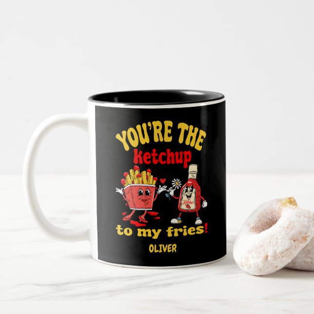 Caneca De Café Em Dois Tons Você É O Ketchup Do Meu Cartoon Fries (Com Donut)